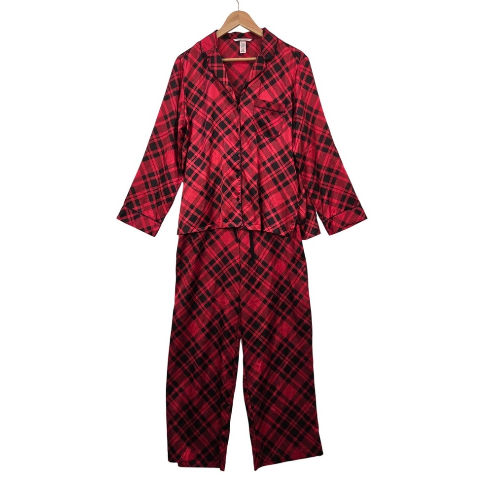 Victoria's Secret Red Black Plaid Satin Pajama Set Small Holiday Sleepwear